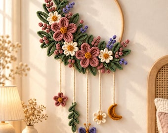 Pipe Cleaner Floral Moon Wall Hanging Pattern | DIY Flower Craft Guide | Chenille Stem Home Décor Tutorial PDF