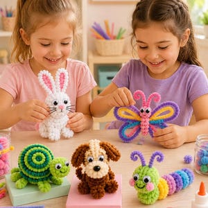 May include: A collection of handmade pom-pom animal figures including a white rabbit, a colourful butterfly, a green turtle, a brown puppy, and a multi-coloured caterpillar, all featuring googly eyes and crafted from small fuzzy spheres.