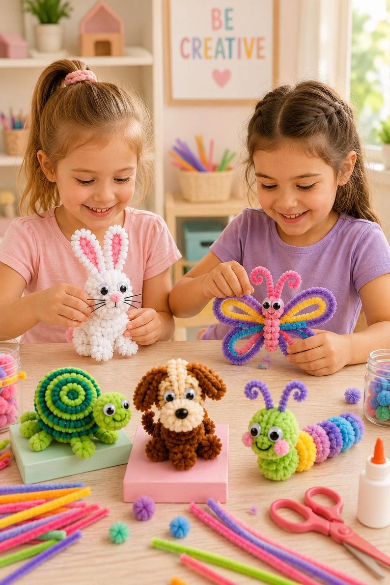 May include: A collection of handmade pom-pom animal figures including a white rabbit, a colourful butterfly, a green turtle, a brown puppy, and a multi-coloured caterpillar, all featuring googly eyes and crafted from small fuzzy spheres.