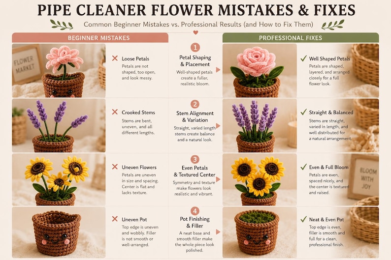 May include: An instructional chart titled PIPE CLEANER FLOWER MISTAKES & FIXES comparing beginner pipe cleaner flower crafts to professional results. It displays four rows of examples featuring pink roses, purple lavender, yellow sunflowers, and brown pots.
