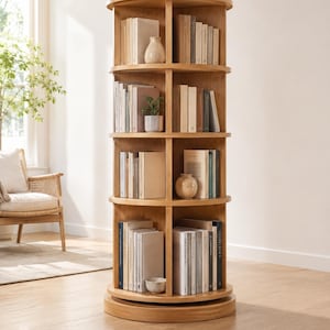 Op de afbeelding: Een hoge, cilindervormige, draaibare boekenkast van lichtgekleurd hout met vier niveaus. Elk niveau is verdeeld in vier secties gevuld met diverse boeken, kleine keramische vazen en een kleine groene plant in een pot op de planken.