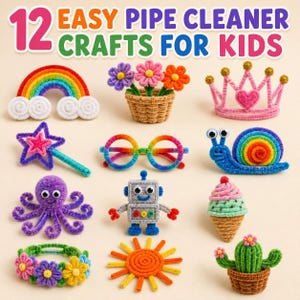 Puede incluir: Una colección de 12 manualidades hechas con limpiapipas para niños, que incluye un arcoíris, flores en una cesta, una corona, una varita de estrella, gafas, un caracol, un pulpo, un robot, un helado, una pulsera de flores, un sol y un cactus.
