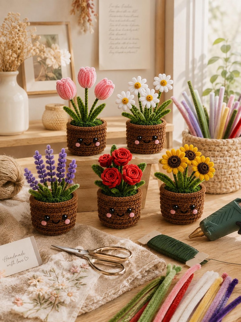 May include: Five crocheted potted plants featuring pink tulips, white daisies, purple lavender, red roses, and yellow sunflowers. Each brown pot has a stitched smiling face with pink cheeks. Crafting supplies including scissors and pipe cleaners are nearby.