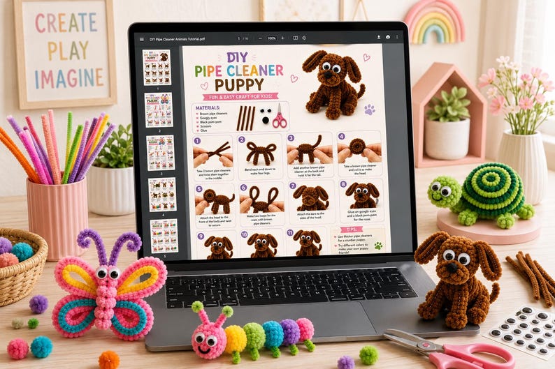 May include: A laptop screen displaying a DIY pipe cleaner puppy craft tutorial PDF, surrounded by colourful pipe cleaner crafts including a butterfly, a caterpillar, and a brown puppy figure, alongside craft supplies like scissors and googly eyes.
