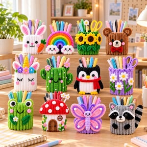 May include: A collection of eleven crocheted pencil holders featuring various designs including a white rabbit, a rainbow, sunflowers, a brown bear, a unicorn, a green cactus, a penguin, purple flowers, a green frog, a mushroom, a butterfly, and a raccoon.