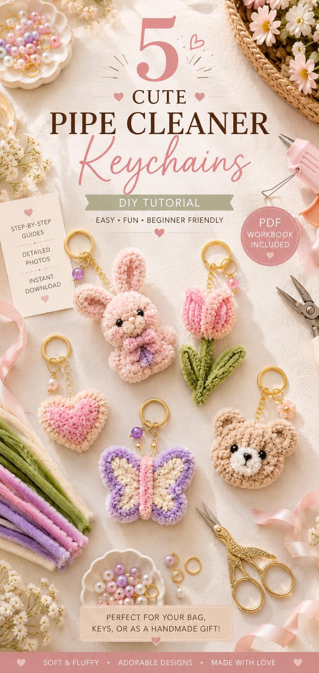 Pipe Cleaners Keychain Rabbit 5 Cute Pipe Cleaner Keychains DIY Ebook | Cute Charms | Beginner Craft ...