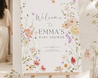 Willkommensschild für die Babyparty mit Blumenmuster, Boho-Blumendeko mit Wildblumen (Digitaler Download)