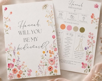 Plantilla de tarjeta de propuesta para damas de honor con diseño de flores silvestres, detalles florales para la fiesta nupcial en Canva.