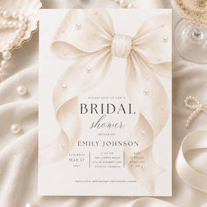 Modèle d'invitation pour une fête prénuptiale sur le thème des perles et du prosecco | Nœud élégant et détails en perles (Téléchargement numérique)