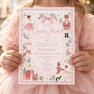 Invitation pour une fête prénatale sur le thème de la fée Dragée, modèle Canva modifiable Casse-Noisette rose