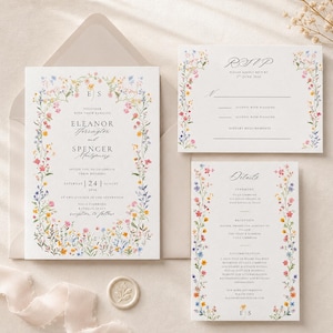 Editable wildflower wedding invitation suite arranged on ivory linen, featuring a floral 5 × 7 invitation, RSVP card, details card, neutral envelope and botanical wax seal.