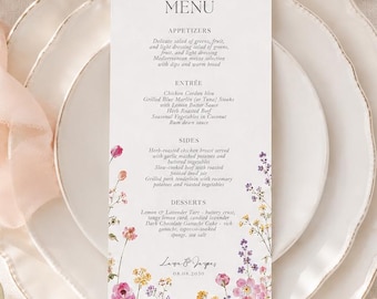 Editable Wildflower Wedding Menu Template, Floral Garden Reception Card (4x9, 5x7)