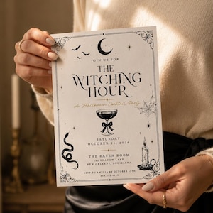 Uitnodiging voor een Halloween cocktailparty met heksenuurthema, bewerkbare gotische sjabloon (digitale download)