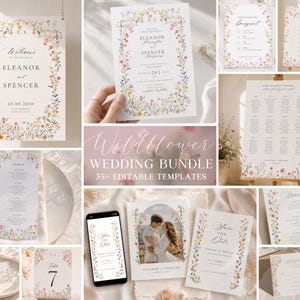 May include: A wedding stationery bundle featuring white paper templates with colorful wildflower borders. The set includes a welcome sign, invitation, menu, seating chart, save the date cards, and RSVP cards, all decorated with delicate floral illustrations.