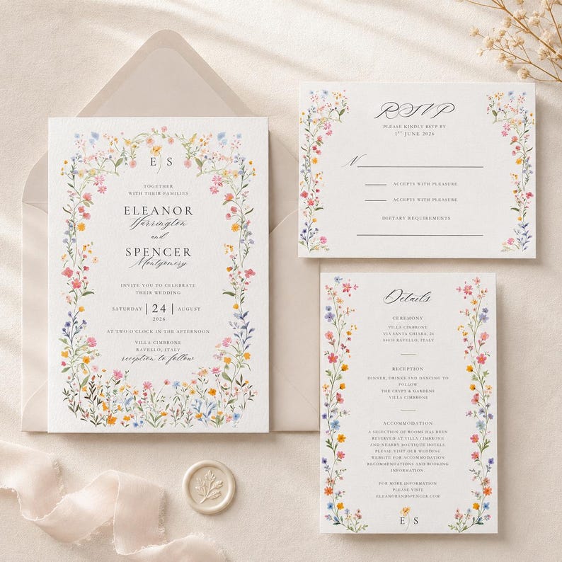 Editable wildflower wedding invitation suite arranged on ivory linen, featuring a floral 5 × 7 invitation, RSVP card, details card, neutral envelope and botanical wax seal.