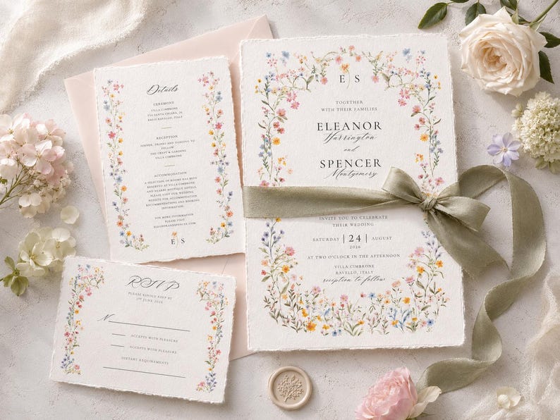 Luxury wildflower wedding invitation suite styled with a sage ribbon, blush envelope and fresh garden flowers, showing the editable invitation, RSVP and wedding details cards.