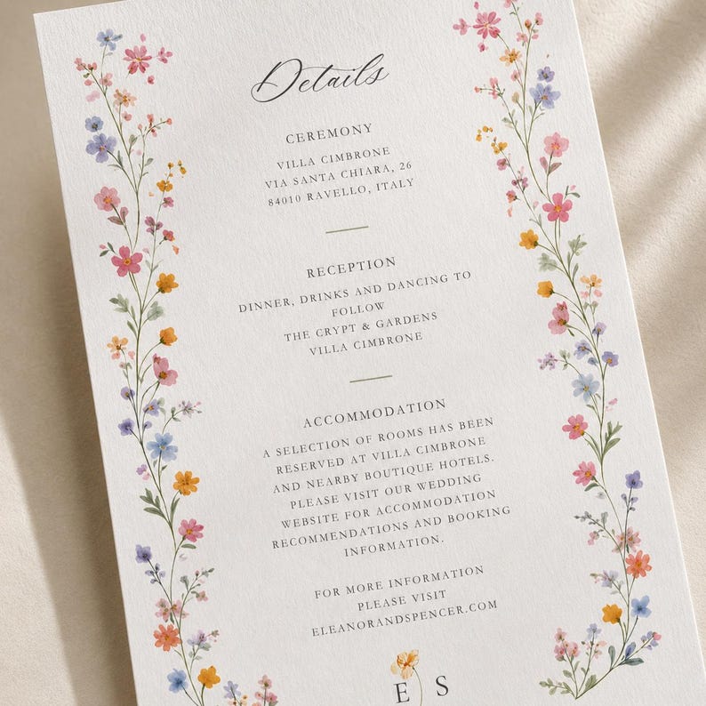 Floral wedding details card template with delicate wildflower border, editable Canva insert card for ceremony, reception and accommodation information.