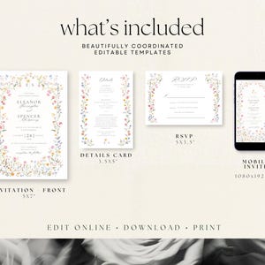 Editable wedding invitation Canva template including 5x7 invitation, 3.5x5 details card and 5x3.5 RSVP card with instant digital download.