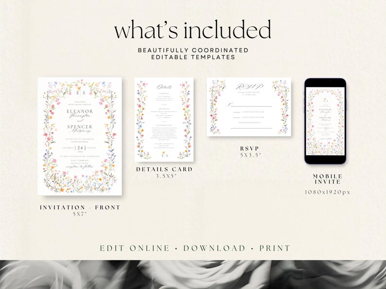Editable wedding invitation Canva template including 5x7 invitation, 3.5x5 details card and 5x3.5 RSVP card with instant digital download.