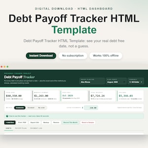 May include: A digital debt payoff tracker HTML template featuring a dark green and white interface. The dashboard displays financial data including total debt, monthly payments, interest, and payoff dates with buttons for data management.