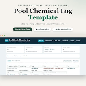 Pool Chemical Log Dashboard | Dosing Calculator, Water Testing (Digital Download)