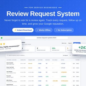 Op de afbeelding: Een digitaal dashboard voor een beoordelingsverzoeksysteem op een computerscherm met een blauwe achtergrond. De interface bevat een tabel voor het bijhouden van klantverzoeken, beoordelingsstatussen en follow-ups, met pop-upmeldingen.