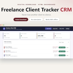 Freelance Client Tracker CRM | Client Management Dashboard Template | Follow-Up Reminder System | HTML Digital Download