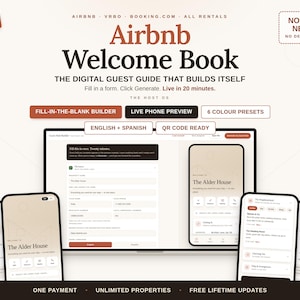 May include: A digital Airbnb Welcome Book template featuring a fill-in-the-blank builder, live phone preview, and six color presets. The interface displays text including Airbnb Welcome Book, The Digital Guest Guide That Builds Itself, and The Alder House on multiple smartphone and desktop screens.