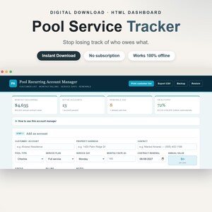 Pool Service Tracker | Customer Route Planner, Recurring Revenue Dashboard (Digital Download)