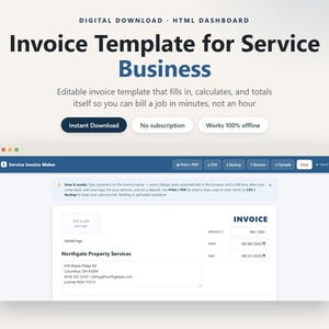Service Business Invoice Template | Editable HTML, Auto-Calculating (Digital Download)