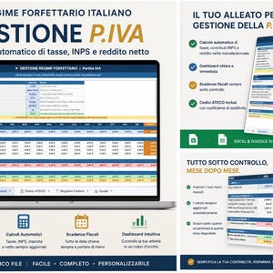 Può includere: Immagine di un computer portatile con un foglio di calcolo e testo in italiano. L'immagine promuove un software per la gestione fiscale italiana, con calcoli automatici e dashboard intuitivi. Sono presenti icone per Excel e Google Sheets.