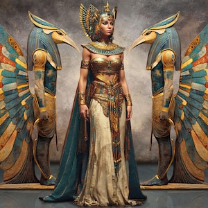 May include: A central figure wearing an ornate gold and teal Egyptian-style headpiece, collar, and bodice with a long cream skirt and cape, flanked by two symmetrical statues of bird-headed deities with large, multi-colored feathered wings.