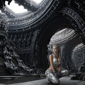May include: A person with braided hair wearing a metallic silver crop top and matching pants, kneeling in a dark, cavernous hall featuring intricate, biomechanical black architectural structures with arched ceilings and layered, textured surfaces.