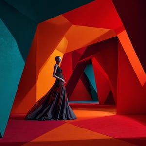 May include: A floor-length black gown with a fitted bodice and a flowing skirt, featuring a dark, layered design. The garment is positioned within a geometric architectural space defined by sharp, angular walls in shades of red, orange, and teal.