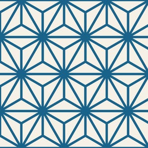 May include: A repeating geometric pattern featuring dark blue lines on a light cream background. The design consists of interconnected triangles forming six-pointed star shapes that radiate from central points in a continuous grid layout.