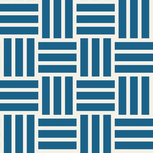 May include: A repeating geometric pattern featuring alternating blocks of three horizontal and three vertical dark blue stripes set against a solid off-white background, creating a woven basket-like visual effect across the entire surface.