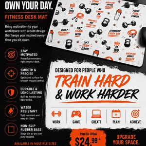 May include: Fitness desk mat with a white background and motivational graphics, including dumbbells and text. Features the phrases "Fuel Your Focus" and "Train Hard & Work Harder." Available in multiple sizes: 24" x 14", 31.5" x 15.5", and 35.4" x 15.7".