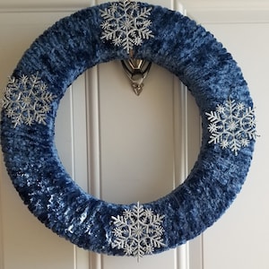 Winter Wreath Blue Yarn Wrapped Winter Wreath Winter Wreath with Silver Snowflakes