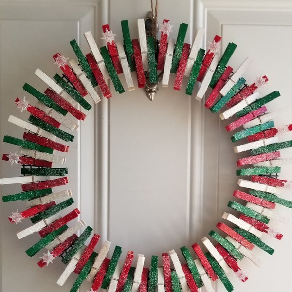 Christmas Wreath Christmas Clothespin Wreath Red Green White Clothespin Wreath