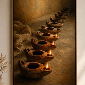 May include: A series of brown clay oil lamps arranged in a receding line. The lamps feature a rounded bowl shape with a small handle and a spout where a flame burns. The foreground lamps are lit, casting a warm glow on the textured surface.