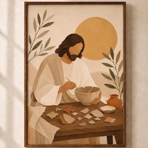 Minimalistyczna grafika ścienna „Jezus odnawiający potłuczoną ceramikę” do druku, chrześcijański wydruk artystyczny kintsugi, wystrój boho z wiarą, natychmiastowe pobranie