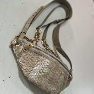 Könnte beinhalten: Beige Bauchtasche mit Schlangenmuster. Die Tasche hat einen goldenen Reißverschluss, eine goldene Kette und einen verstellbaren beigen Riemen. Die Tasche kann um die Taille oder quer über dem Körper getragen werden.