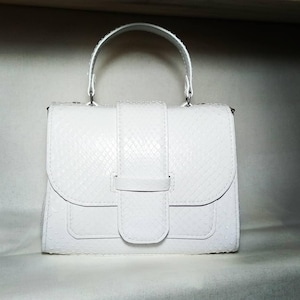 Könnte beinhalten: Weiße Handtasche mit einem strukturierten, schlangenlederartigen Muster. Die Tasche hat einen oberen Griff, einen Klappenverschluss mit Riemen und eine kleine Vordertasche. Die Tasche hat eine quadratische Form.