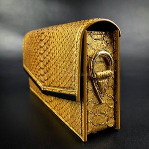 Antique Gold Python Clutch, Glossy Snakeskin Evening Bag, Exotic Leather Purse, Gold Hardware, Premium Suede