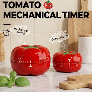 Può includere: Due timer da cucina meccanici rossi a forma di pomodoro con cime verdi. I timer hanno segni bianchi per i minuti e il testo "TOMATO MECHANICAL TIMER". Un timer è più grande dell'altro. L'immagine include anche il testo "Mechanical Timing" e "Cute Design".