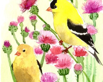 Miniature watercolor painting Goldfinch art ACEO Limited Edition-Spring sonata