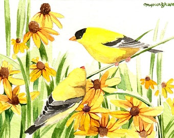Miniature watercolor painting Goldfinch art ACEO Limited Edition-Spring sonata
