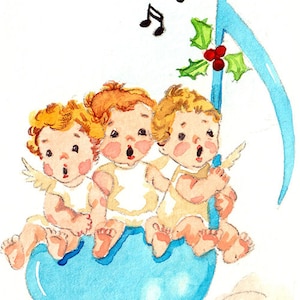 ACEO Limited Edition 2/25, Chor der Babyengel, Weihnachtskarte im Vintage-Stil, Aquarell von Anna Lee, Geschenk zur Weihnachtsfeier
