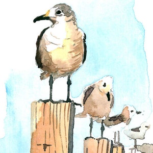 May include: Watercolor painting of four birds perched on wooden posts. The birds have brown and white feathers, black beaks, and are set against a light blue background. The artist's signature is in the bottom left corner.