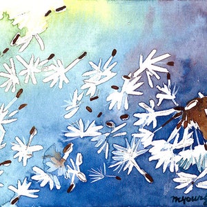 May include: Watercolor painting of a dandelion with white seeds blowing in the wind. The background is a gradient of blue and green.